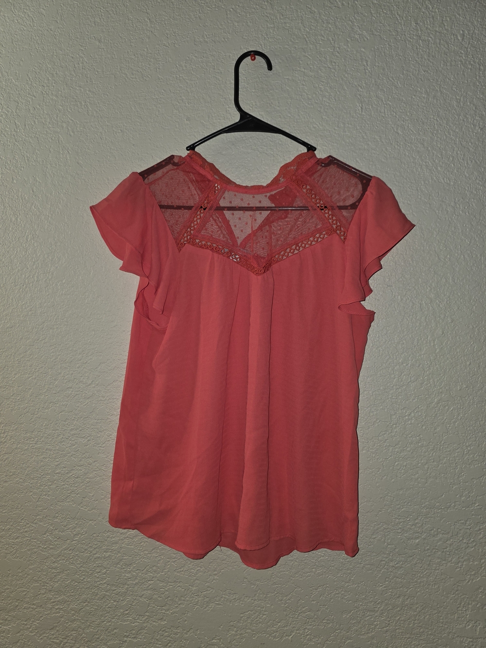 Coral Lace Yoke Flutter Sleeve Blouse